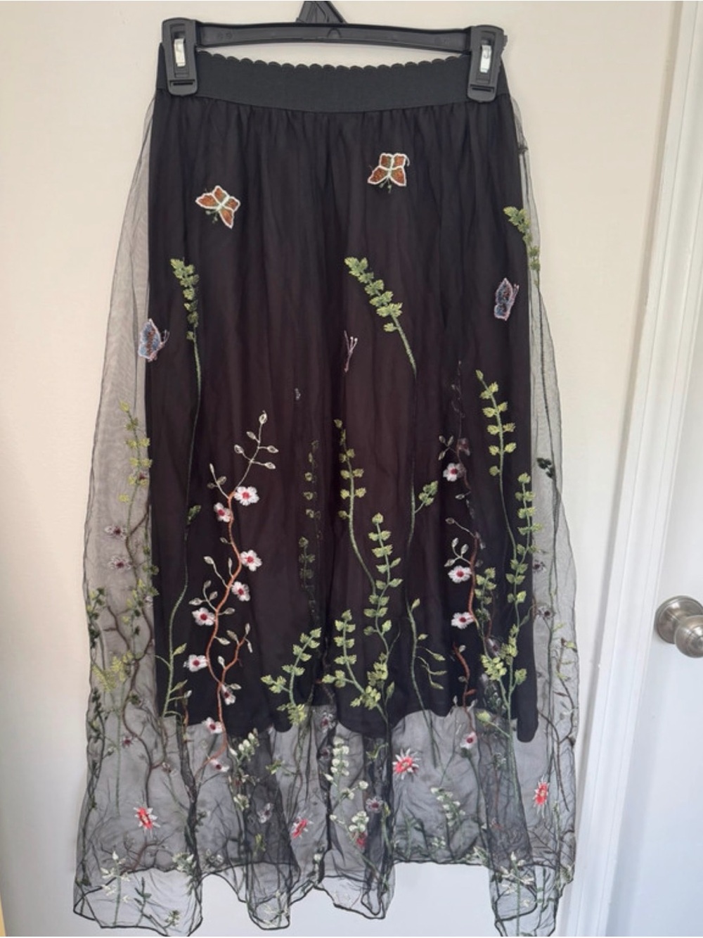 Black Embroidered Tulle Midi Skirt